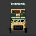 Green And Yellow Double Decker Bus Model With Striped Canopy And Upper Deck Seating