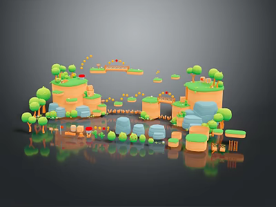 Cartoon Scene With Green Trees Colorful Hills Small Bridges Curved Paths And Tiny Buildings 3d model