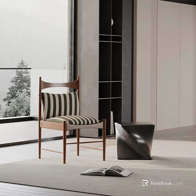 Modern Wooden Dining Chair With Striped Upholstery In Contemporary Interior Space 3d model 
