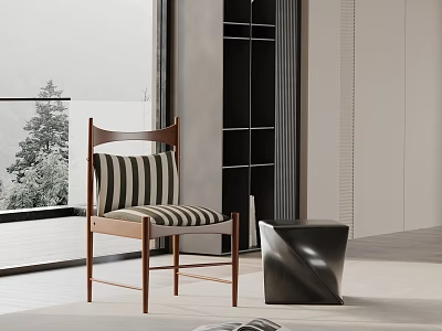 Modern Wooden Dining Chair With Striped Upholstery In Contemporary Interior Space 3d model