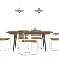 Modern Dining Table Set With Wooden Top And Metal Frame Chairs And Pendant Lights