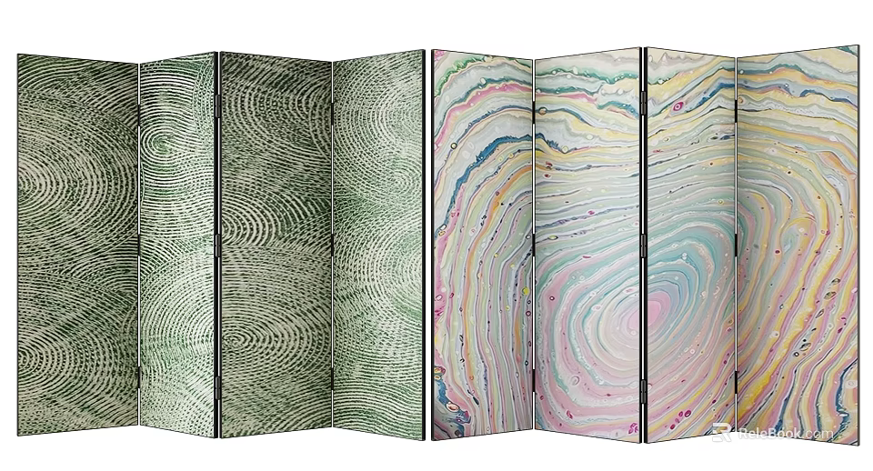 Unique Folding Screen With Multiple Panels Showcasing Artistic Colorful And Green Textured Patterns 3d model 