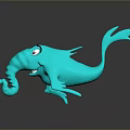 Turquoise Cartoon Animal With Long Trunk Big Eyes Streamlined Body On Gray Background And Reflection