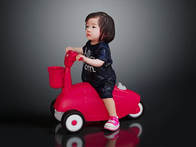 Little Girl Riding Red Toy Scooter With Basket On Black Background 3d model
