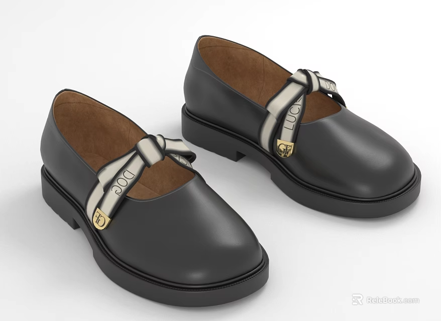 Women's Black Leather Round Toe Shoes With White Ribbon Bow And Low Heel 3d model 