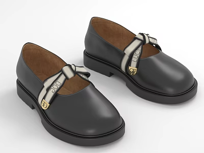 Women's Black Leather Round Toe Shoes With White Ribbon Bow And Low Heel 3d model