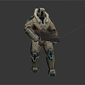 Futuristic Sci Fi Game Movie Character with Beige Blue Armor Holding Large Weapon