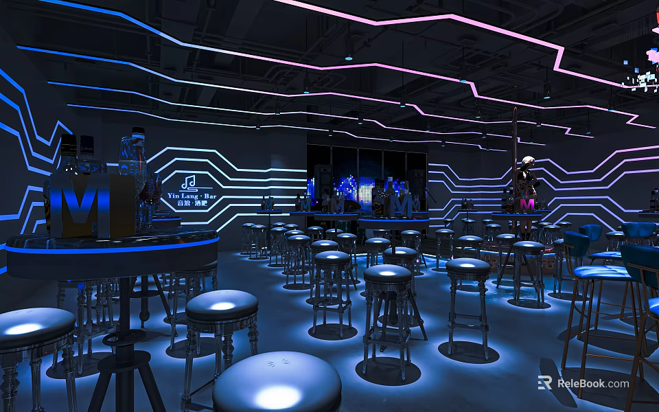 Modern Bar Interior With Neon Lights High Stools And Bar Counter 3d model 