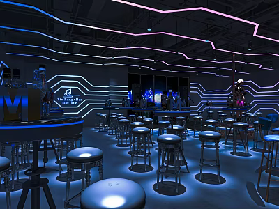 Modern Bar Interior With Neon Lights High Stools And Bar Counter 3d model