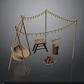 Outdoor Backyard Setup With Wicker Swing Fire Pit String Lights And Wooden Frame