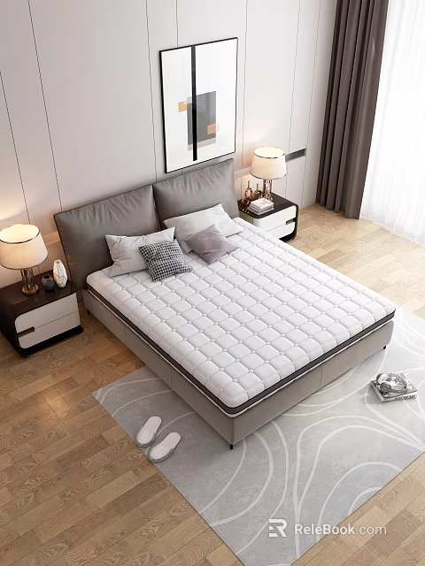 Comfortable Quilted White Mattress In Modern Bedroom With Gray Headboard And Nightstands 3d model 