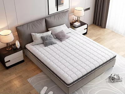 Comfortable Quilted White Mattress In Modern Bedroom With Gray Headboard And Nightstands 3d model