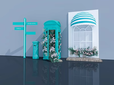 Vintage Blue Phone Booth With Mailbox Street Signs And Striped Awning Window Flower Decorations 3d model