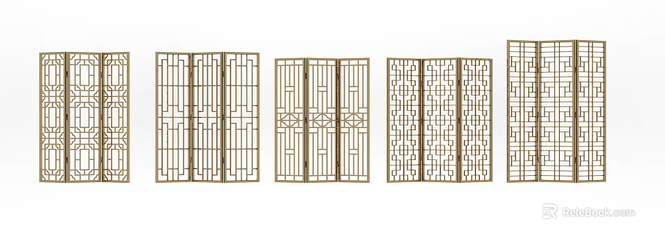 Three Panel Wooden Screen Room Divider With Various Intricate Patterns 3d model
