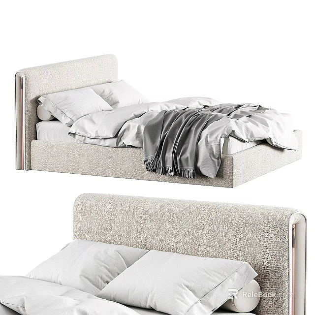 Beige Fabric Single Bed with Metal Frame Headboard White Pillows and Gray Blanket 3d model 