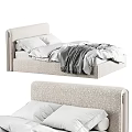 Beige Fabric Single Bed with Metal Frame Headboard White Pillows and Gray Blanket
