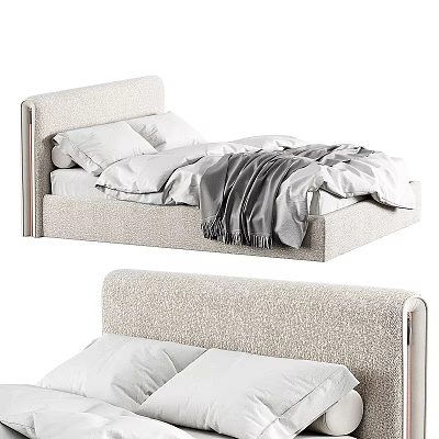 Beige Fabric Single Bed with Metal Frame Headboard White Pillows and Gray Blanket 3d model