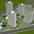 Modern High Rise Residential Buildings With Geometric Facade Curved Roof And Low Rise Structures