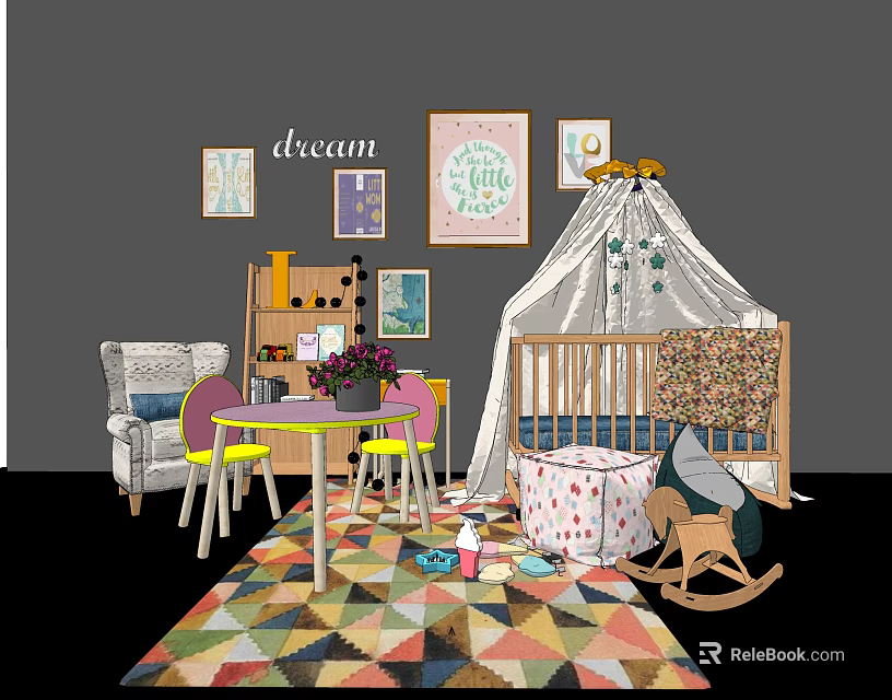 Cozy Baby Crib With Canopy Rocking Horse Colorful Rug and Decorative Wall Art 3d model 