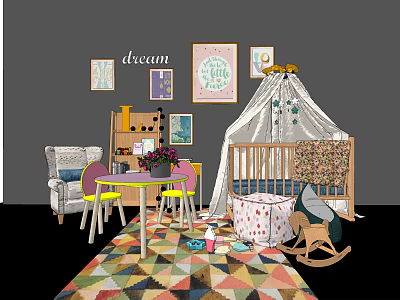Cozy Baby Crib With Canopy Rocking Horse Colorful Rug and Decorative Wall Art 3d model