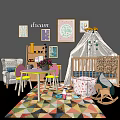 Cozy Baby Crib With Canopy Rocking Horse Colorful Rug and Decorative Wall Art