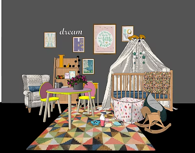 Cozy Baby Crib With Canopy Rocking Horse Colorful Rug and Decorative Wall Art 3d model