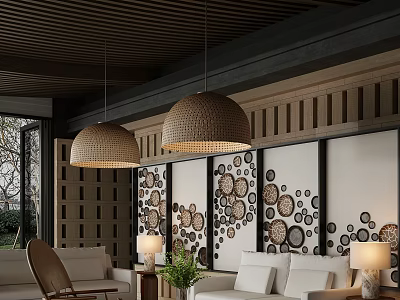 Elegant Hotel Public Lounge Area With Cozy Sofas Woven Pendant Lights And Decorative Wall Panels 3d model