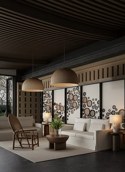 Elegant Hotel Public Lounge Area With Cozy Sofas Woven Pendant Lights And Decorative Wall Panels 3d model