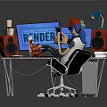 Computer Workstation With Dual Rendering Monitors Ergonomic Chair And Desk Accessories 3d model
