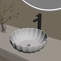 White Petal Shaped Washbasin on Light Countertop with Glass Vase and Round Mirror