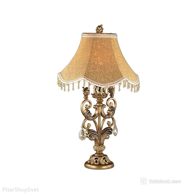 Elegant Decorative Table Lamp With Beige Fringed Lampshade Golden Carved Base And Crystal Pendants 3d model 