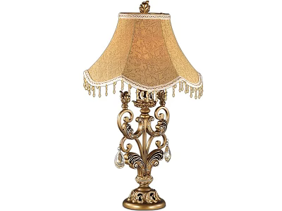 Elegant Decorative Table Lamp With Beige Fringed Lampshade Golden Carved Base And Crystal Pendants 3d model
