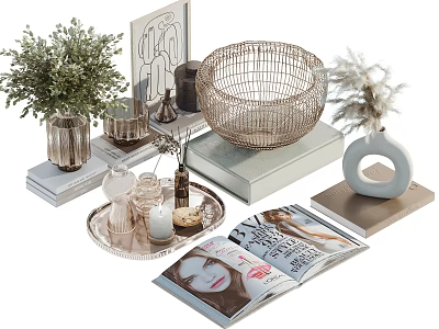 Modern Decorative Ornament Collection with Woven Bowl Green Plant Vase and Magazine 3d model