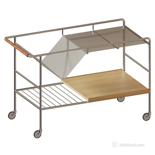 Multifunctional Utility Desk with Metal Frame Wheels Wire Mesh Shelf and Wooden Top 3d model 