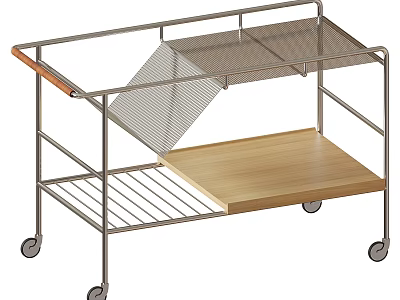 Multifunctional Utility Desk with Metal Frame Wheels Wire Mesh Shelf and Wooden Top 3d model