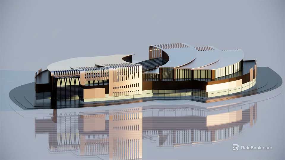 Modern Architectural Exterior With Irregular Roof Glass Curtain Wall And Water Reflection 3d model 