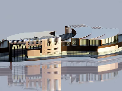 Modern Architectural Exterior With Irregular Roof Glass Curtain Wall And Water Reflection 3d model