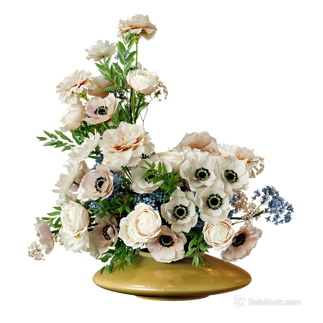 Elegant Golden Vase with White Pink and Blue Flowers and Green Leaves Arrangement 3d model 