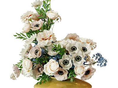 Elegant Golden Vase with White Pink and Blue Flowers and Green Leaves Arrangement 3d model