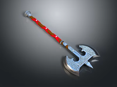 Decorative Battle Axe Weapon With Red Handle White Decorations And Intricate Carved Metal Head 3d model