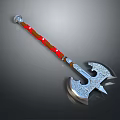Decorative Battle Axe Weapon With Red Handle White Decorations And Intricate Carved Metal Head