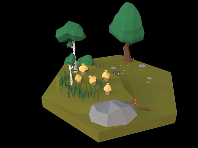Cartoon Scene With Green Trees Yellow Mushrooms Grassland And Stone Details 3d model
