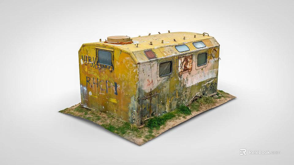Old Yellow Rusty Industrial Equipment With Rhein Mark Windows And Door On Grass Ground 3d model 