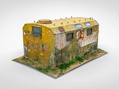 Old Yellow Rusty Industrial Equipment With Rhein Mark Windows And Door On Grass Ground 3d model