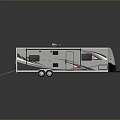 Silver Recreational Vehicle With Black Awning Red Accent Stripes And Ramp For Easy Access