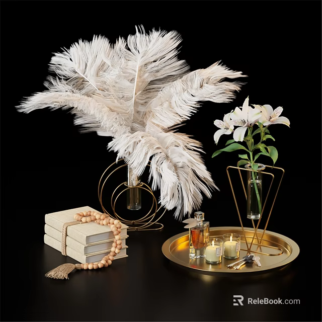 Elegant Decorative Ornament Set With White Feathers White Lilies Gold Vases And Gold Tray 3d model 