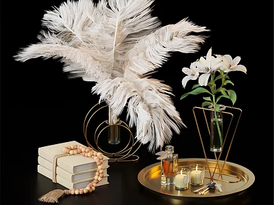 Elegant Decorative Ornament Set With White Feathers White Lilies Gold Vases And Gold Tray 3d model