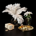 Elegant Decorative Ornament Set With White Feathers White Lilies Gold Vases And Gold Tray