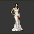 White Strapless Fitted Long Wedding Dress With Red Bouquet For Bridal
