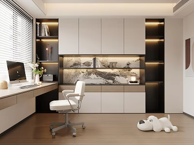 Modern Study Room Interior With Wooden Desk Ergonomic Chair LED Bookshelf And Blind Windows 3d model
